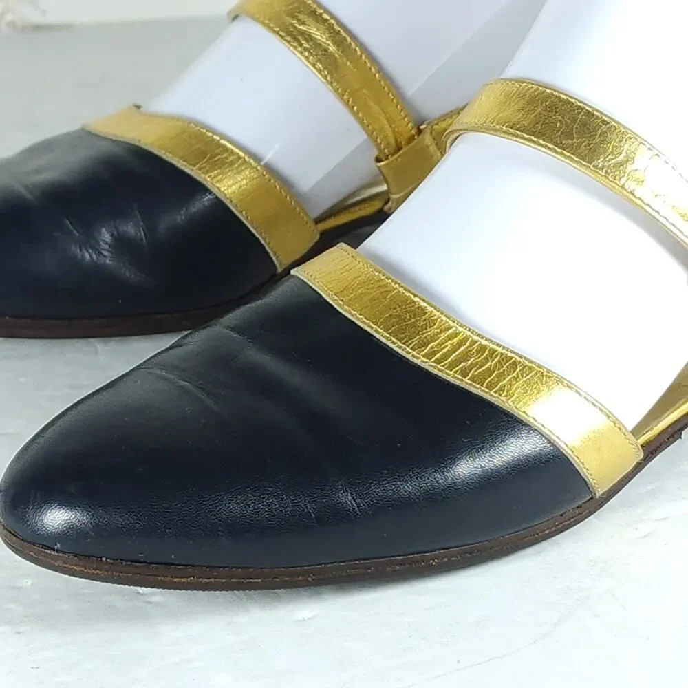 Ralph Lauren Women's Vtg US 7D Black Gold Leather Slingback Flats Sandals Shoes